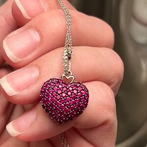 Solid 10K White Gold + Genuine Rubies & Diamonds 3D Heart pendant